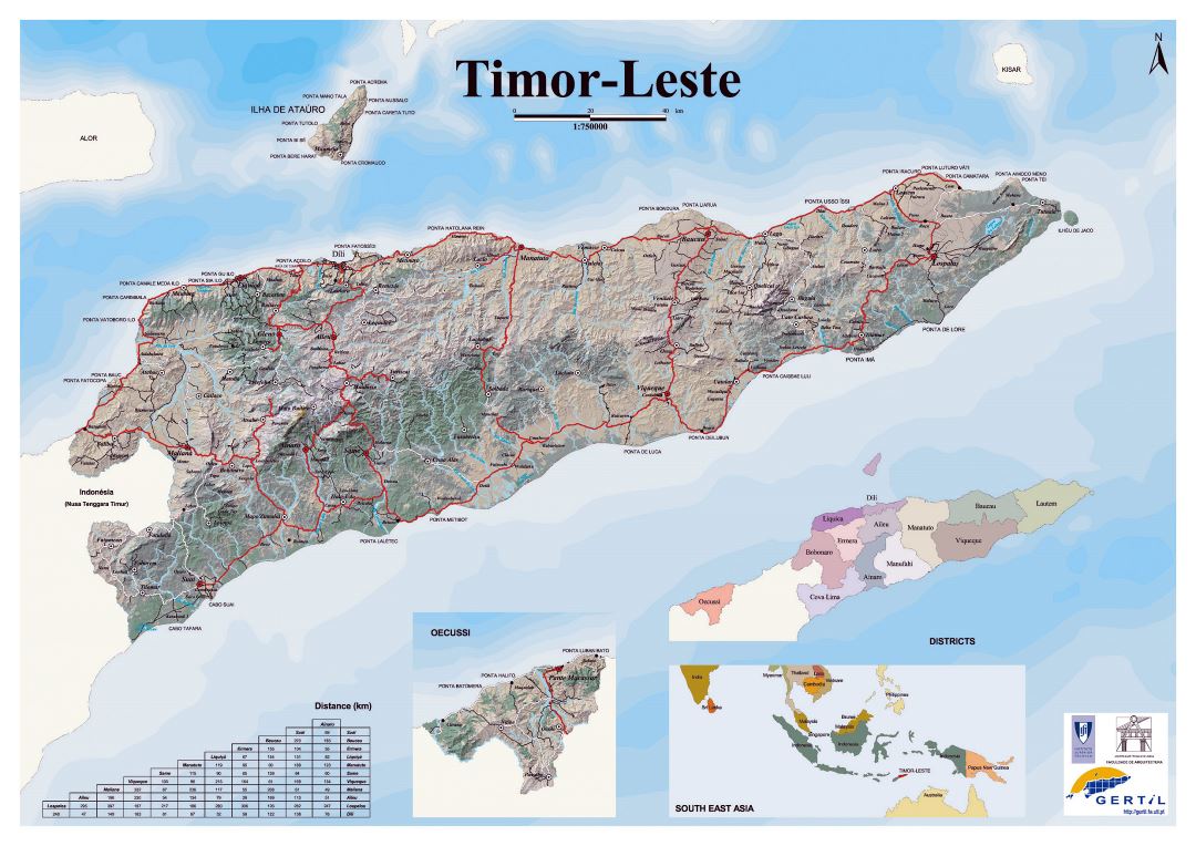 Детальная карта Тимора-Лешти с рельефом, дорогами и городами