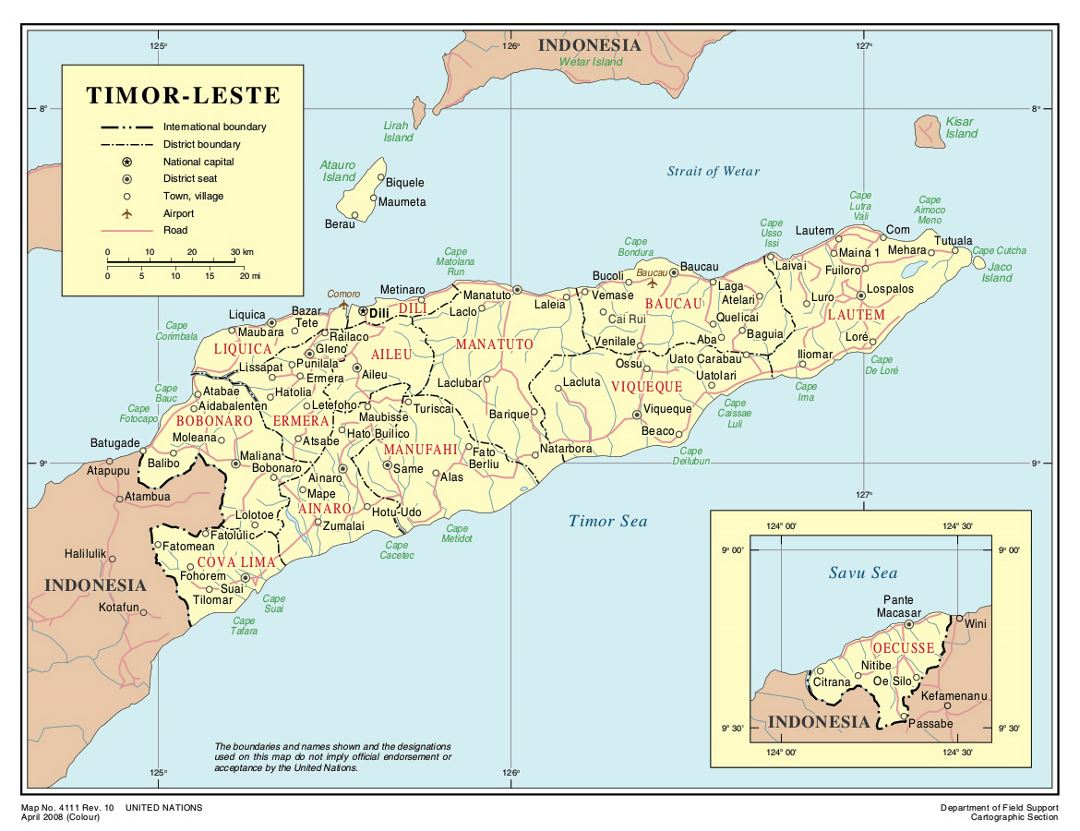 Детальная политическая и административная карта Восточного Тимора с дорогами, городами и аэропортами