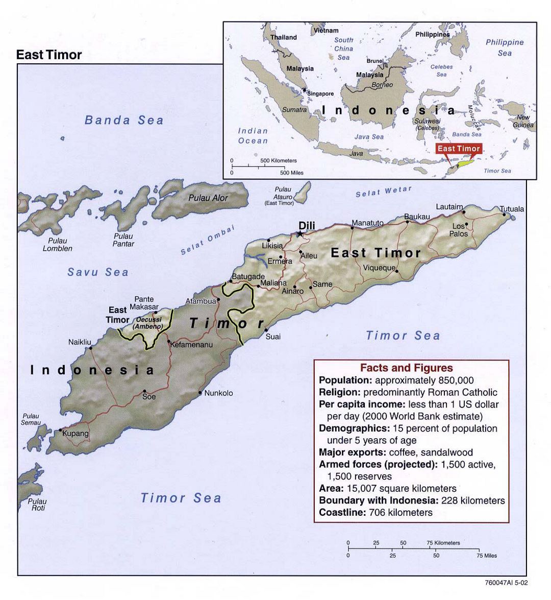 Детальная политическая карта Восточного Тимора с рельефом, дорогами и крупными городами - 2002