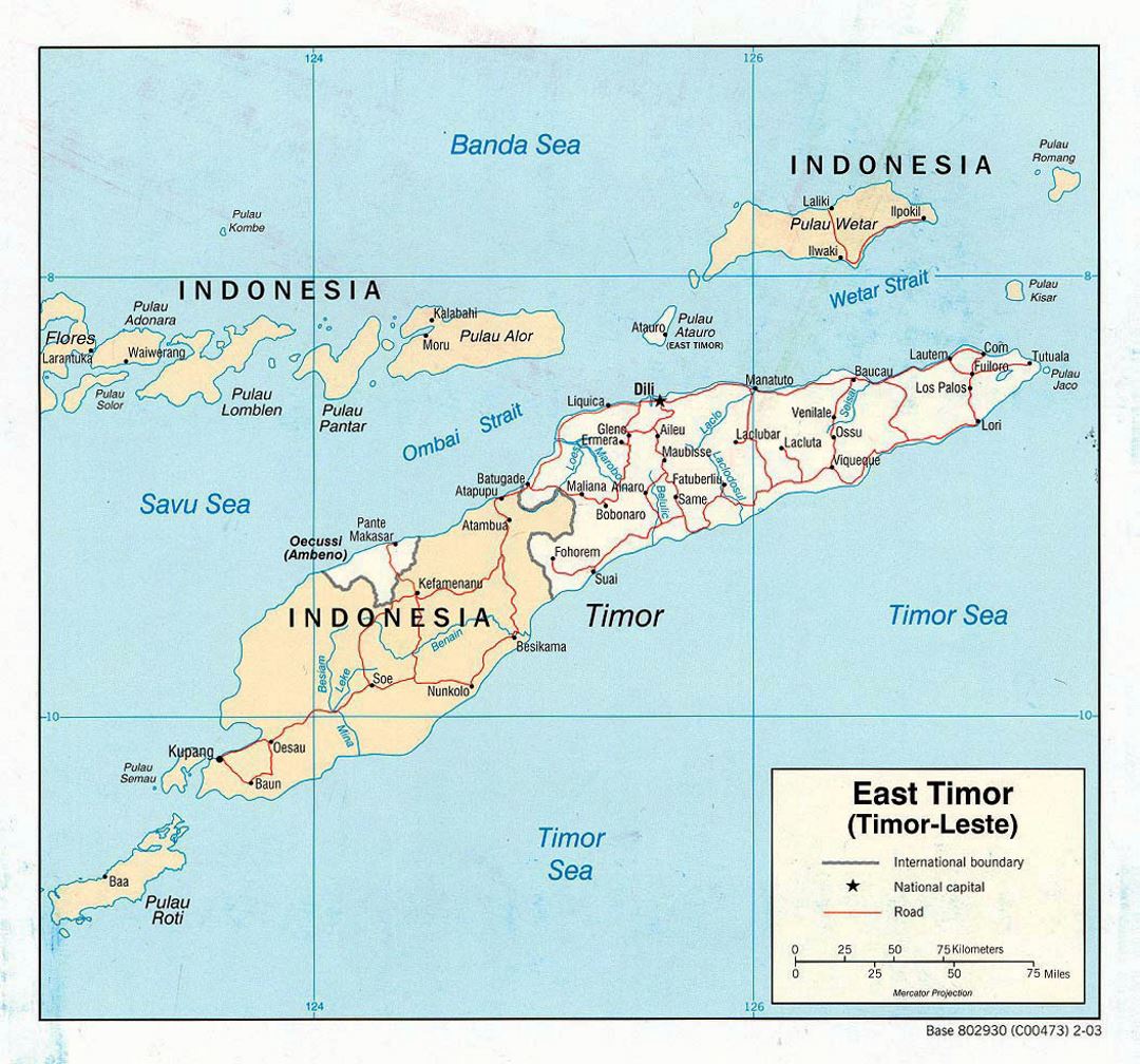 Детальная политическая карта Восточного Тимора с дорогами и крупными городами - 2003