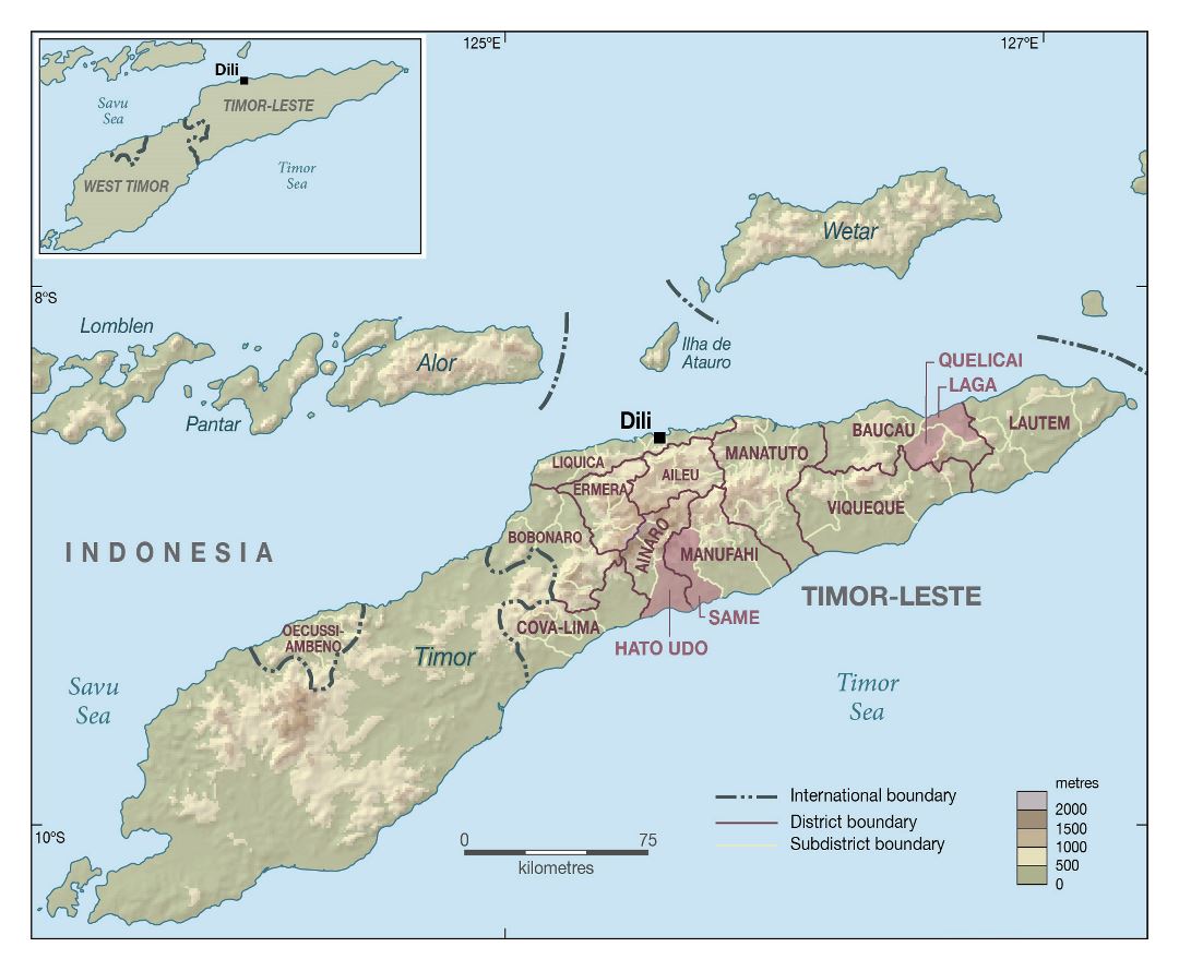 Большая административная карта Восточного Тимора с рельефом