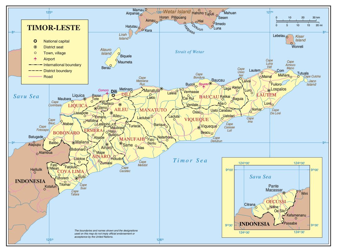 Большая детальная политическая и административная карта Восточного Тимора с дорогами, городами и аэропортами