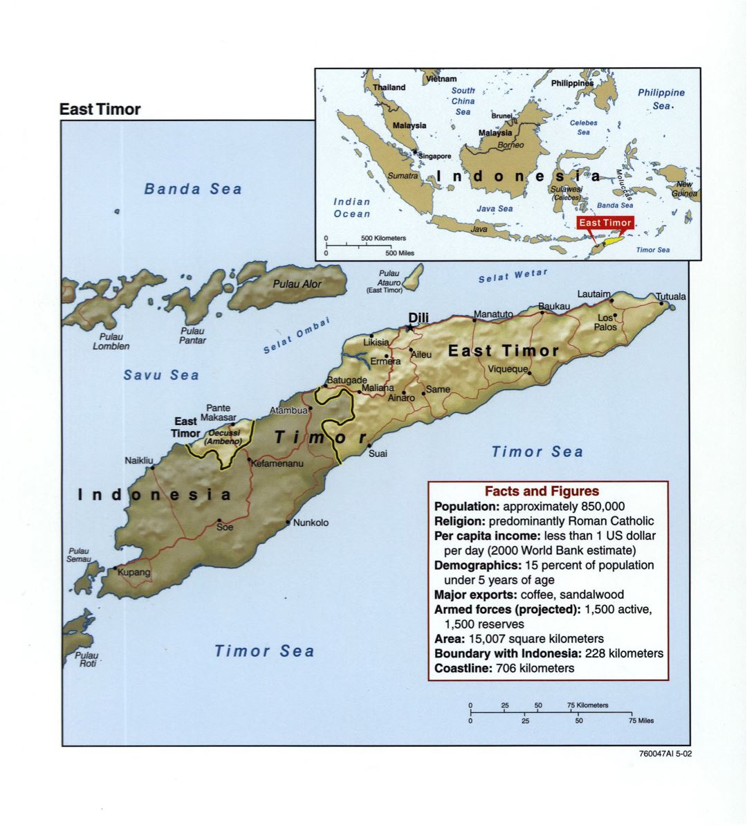 Большая детальная политическая карта Восточного Тимора с рельефом, дорогами и крупными городами - 2002