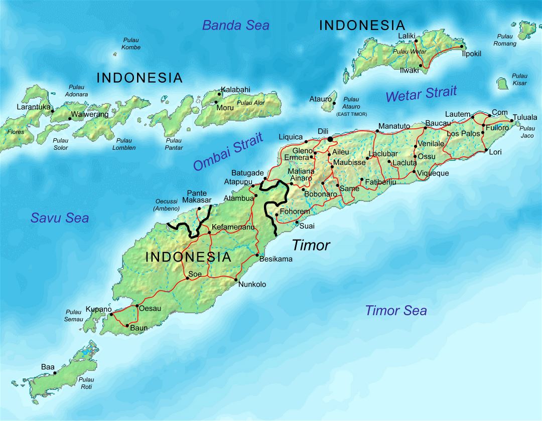 Большая карта рельефа Индонезии и Восточного Тимора с дорогами