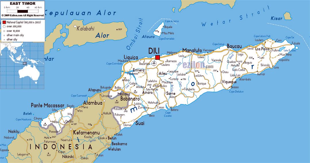 Большая карта дорог Восточного Тимора с городами и аэропортами