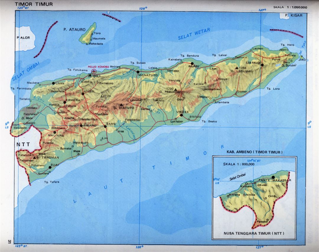 Крупномасштабная карта высот Восточного Тимора с дорогами, городами и аэропортами