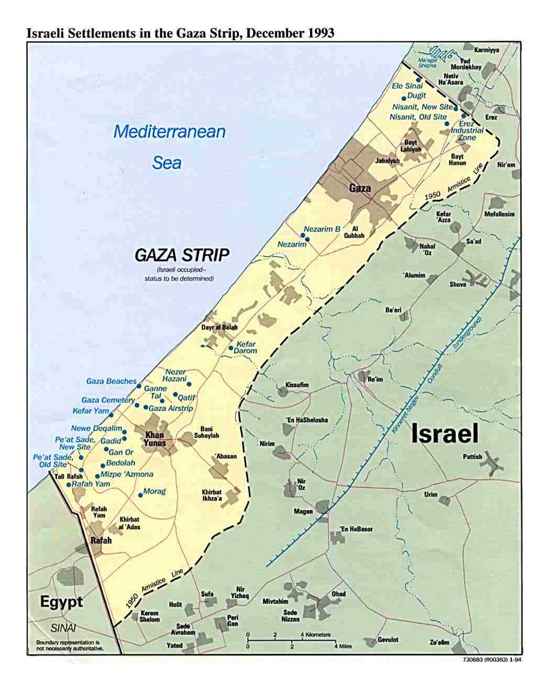 Детальная карта израильских поселений в секторе Газа - 1993