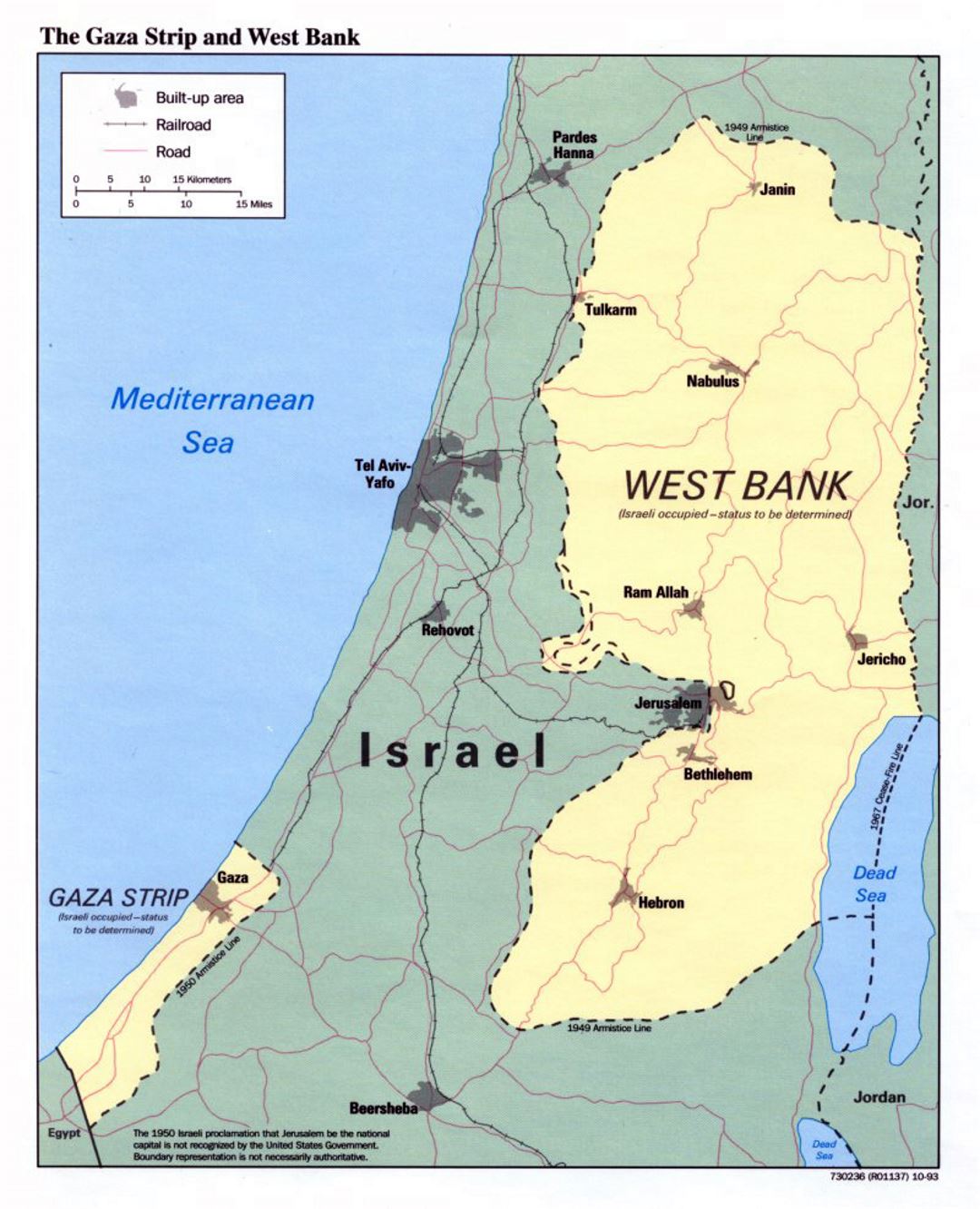 Детальная политическая карта сектора Газа и Западного берега - 1993