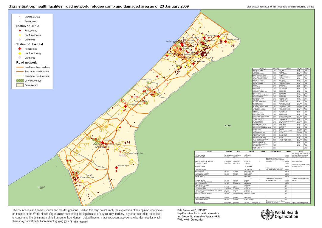 Большая детальная карта медицинских услуг и дорожной сети сектора Газа - 2009