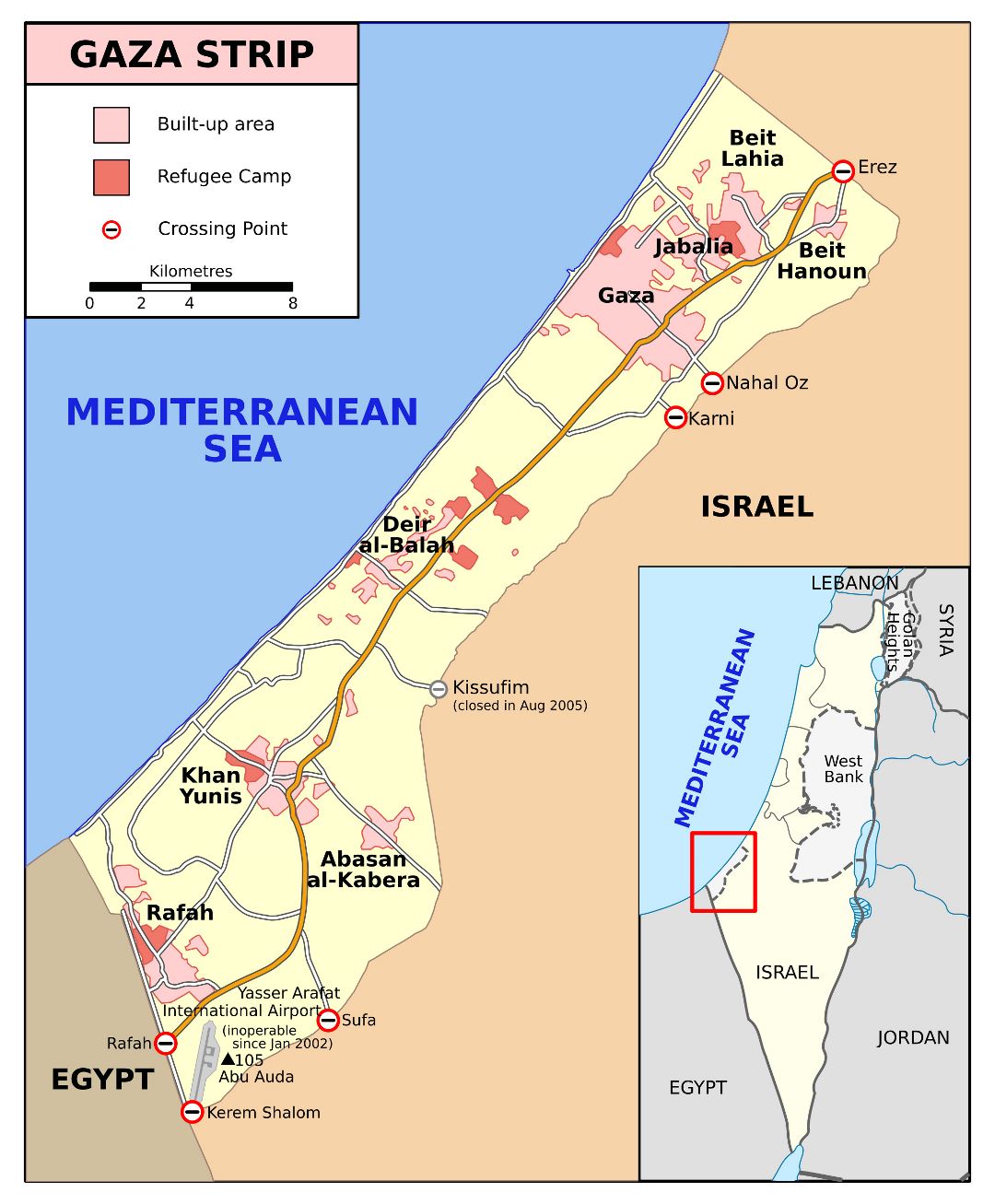 Большая детальная карта сектора Газа с дорогами и городами