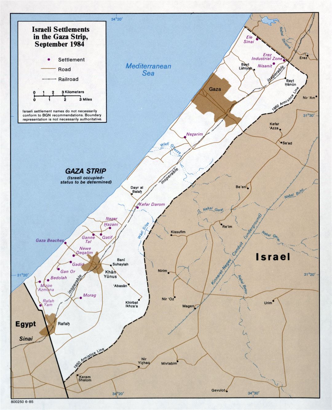 Большая детальная карта израильских поселений в секторе Газа - 1985