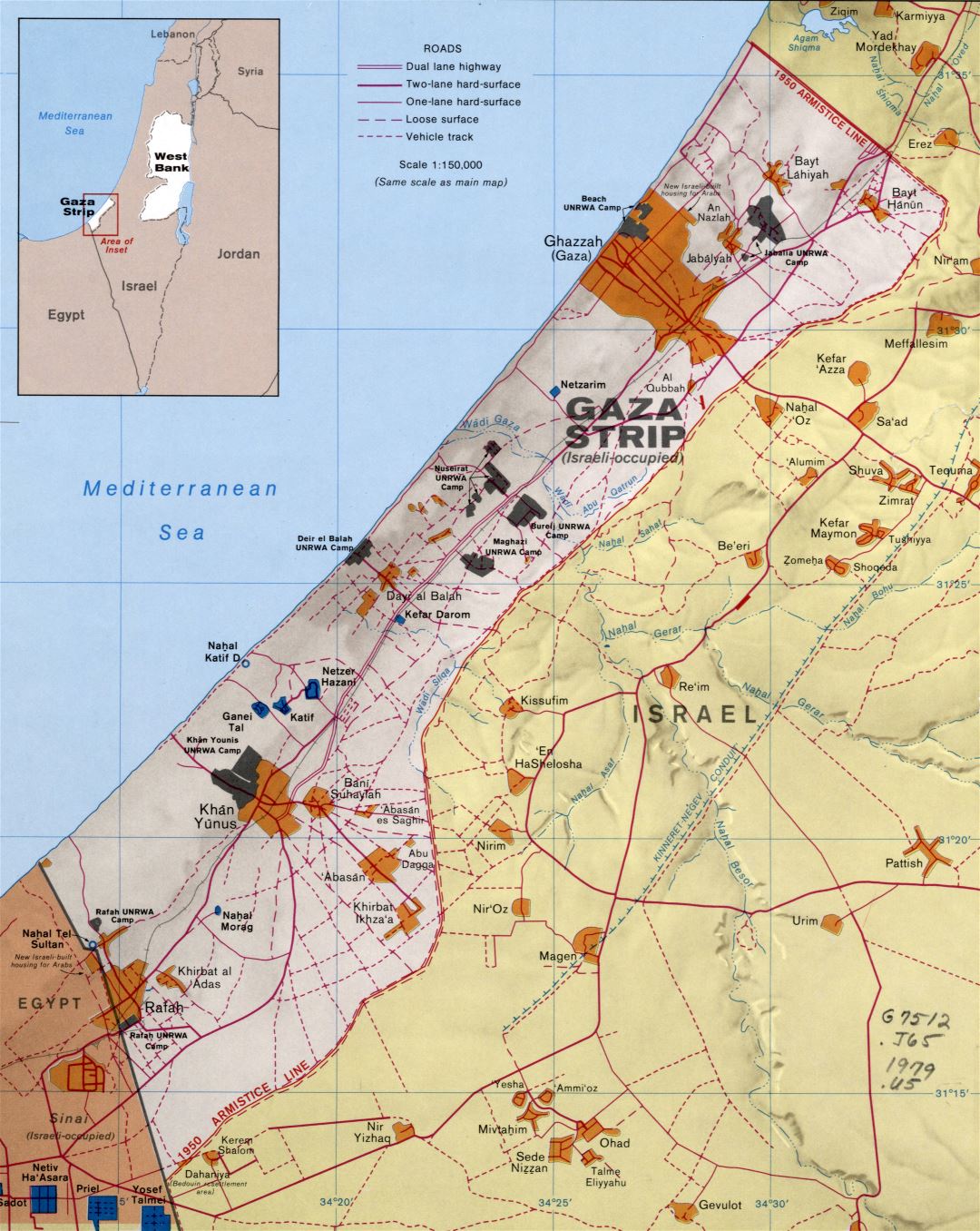 Большая детальная политическая карта сектора Газа с рельефом, дорогами, поселениями и другими пометками