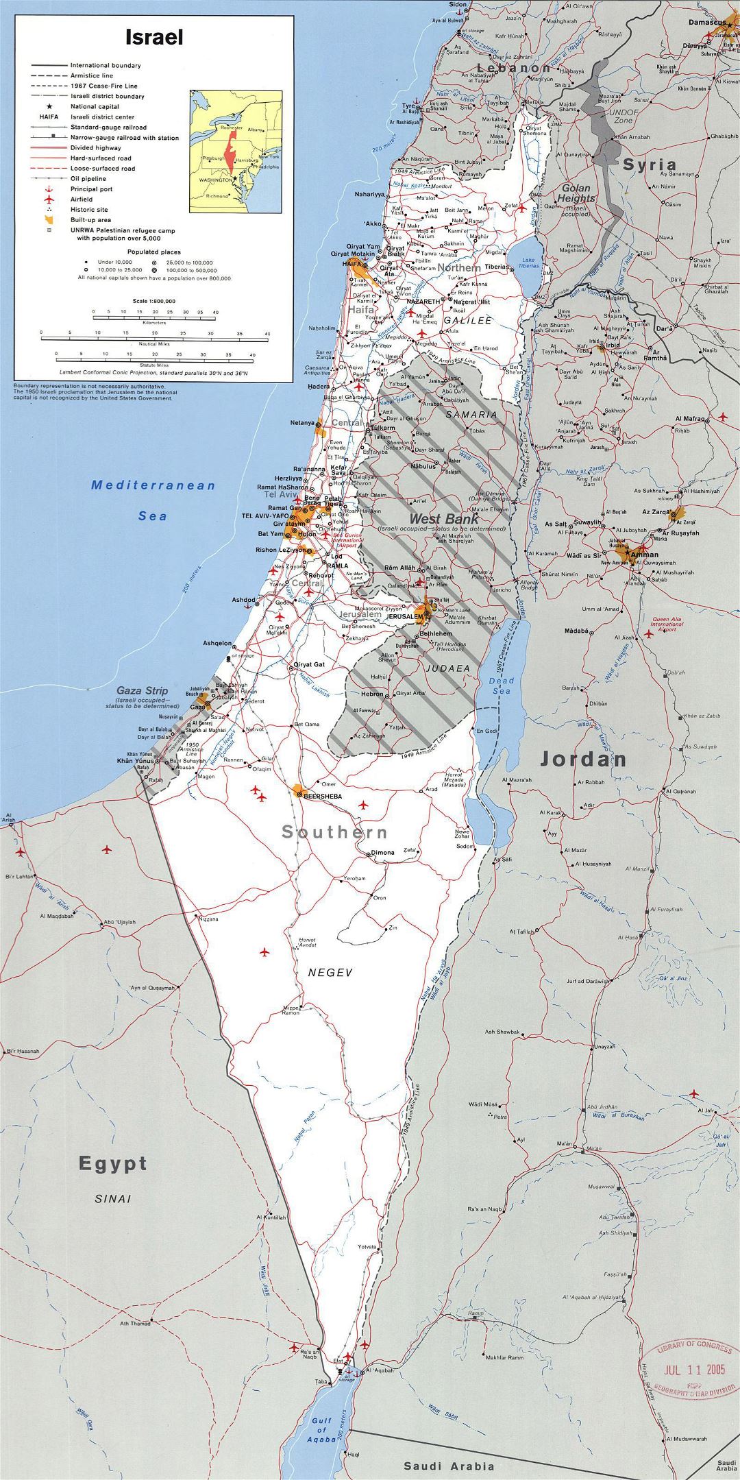 Большая детальная политическая карта Израиля с Западным берегом, сектором Газа и Голанскими высотами