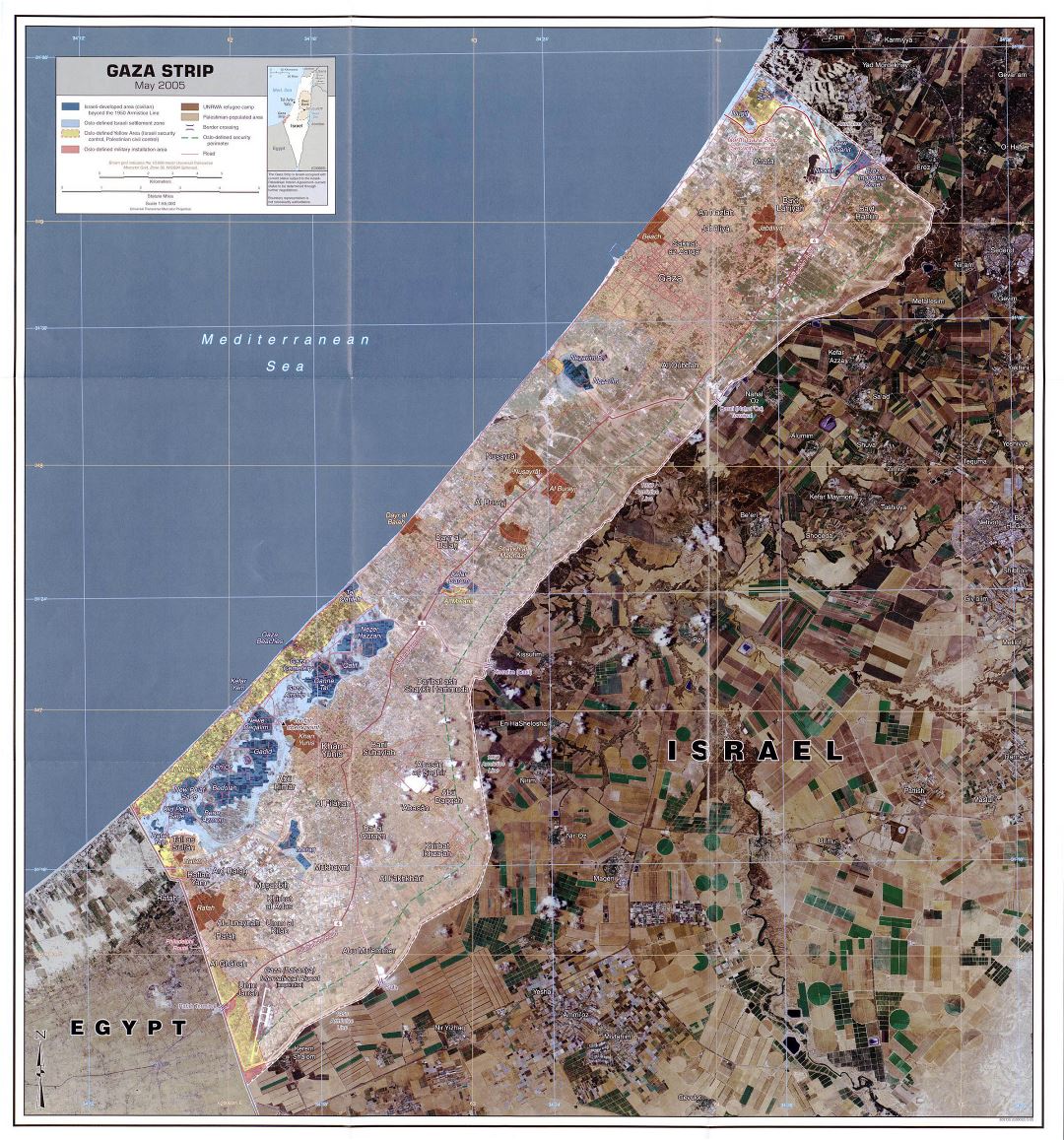 Большая детальная спутниковая карта сектора Газа с другими пометками - 2005