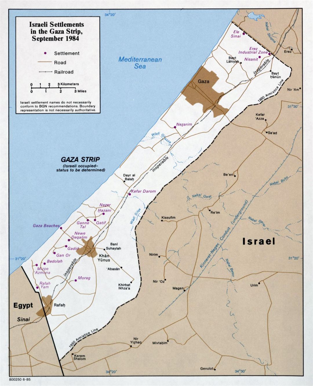 Большая карта израильских поселений в секторе Газа - 1985