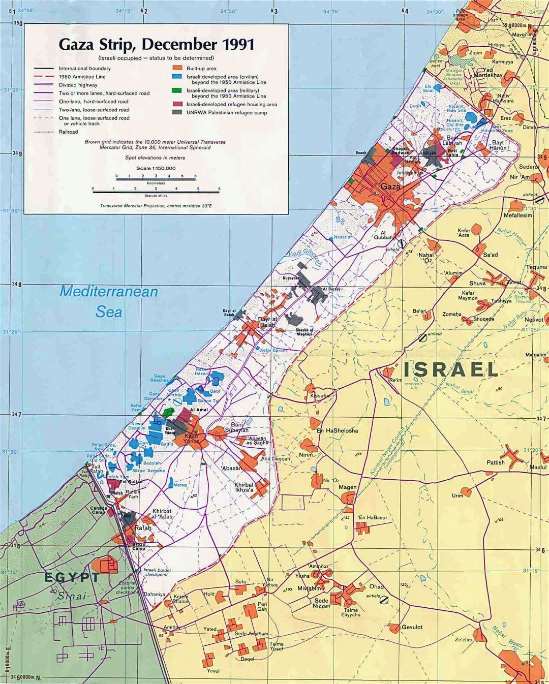 Большая политическая карта сектора Газа с дорогами, городами и другими пометками - 1991