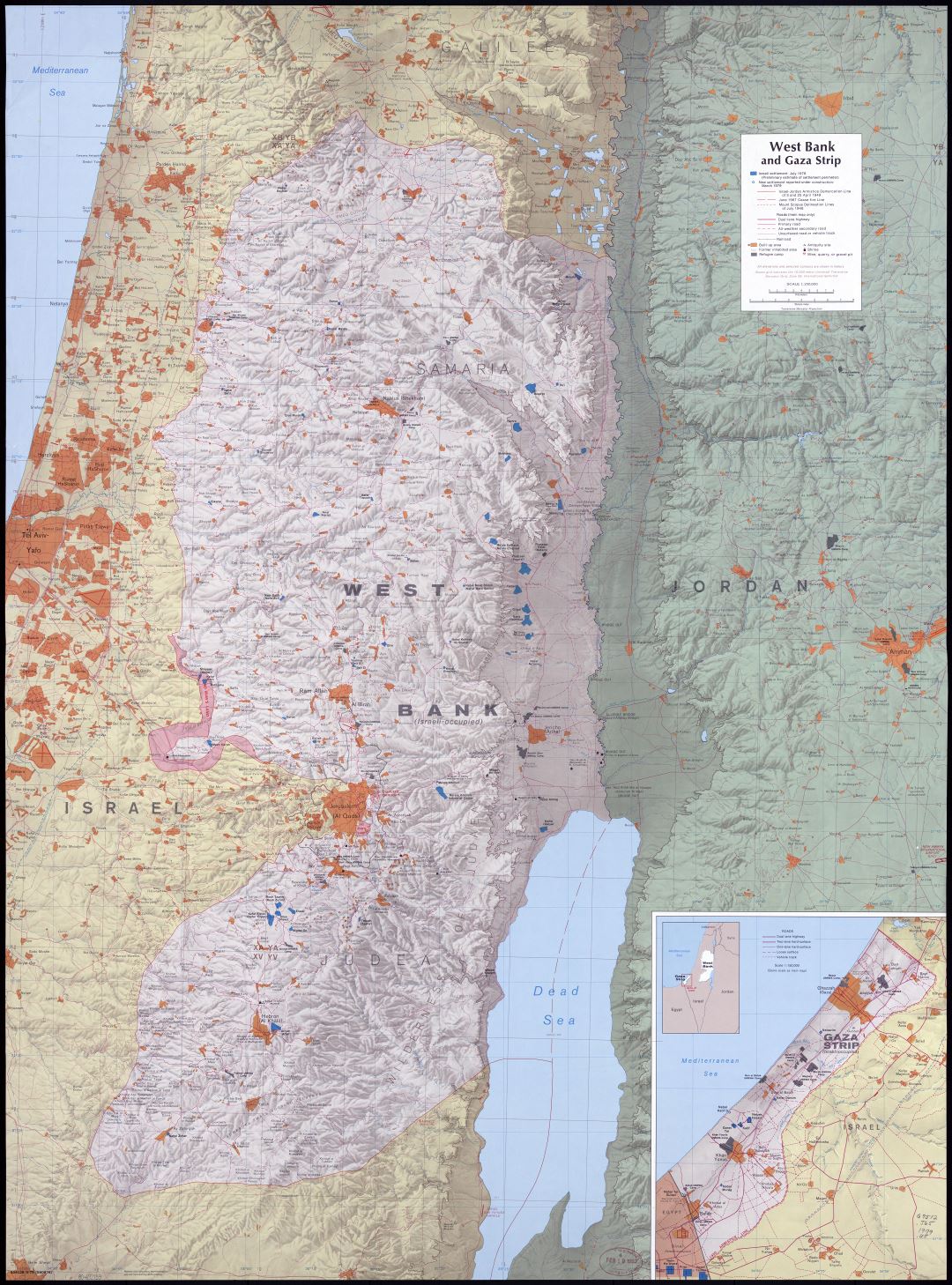 Крупномасштабная детальная карта Западного берега и сектора Газа с рельефом, дорогами, городами и другими пометками
