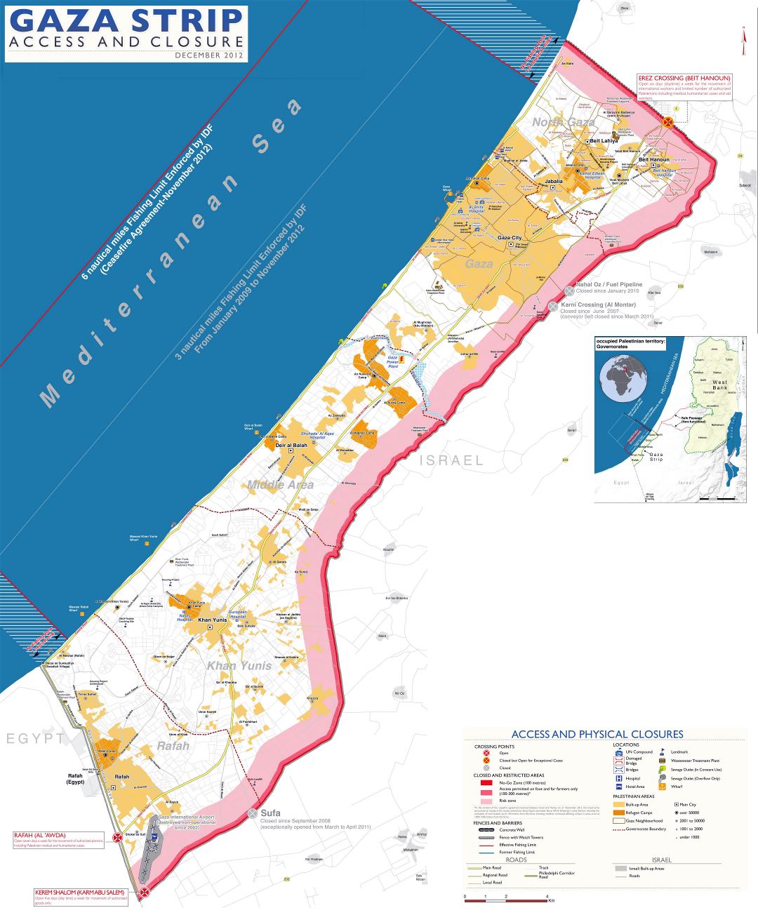 Крупномасштабная карта сектора Газа с дорогами и городами - 2012