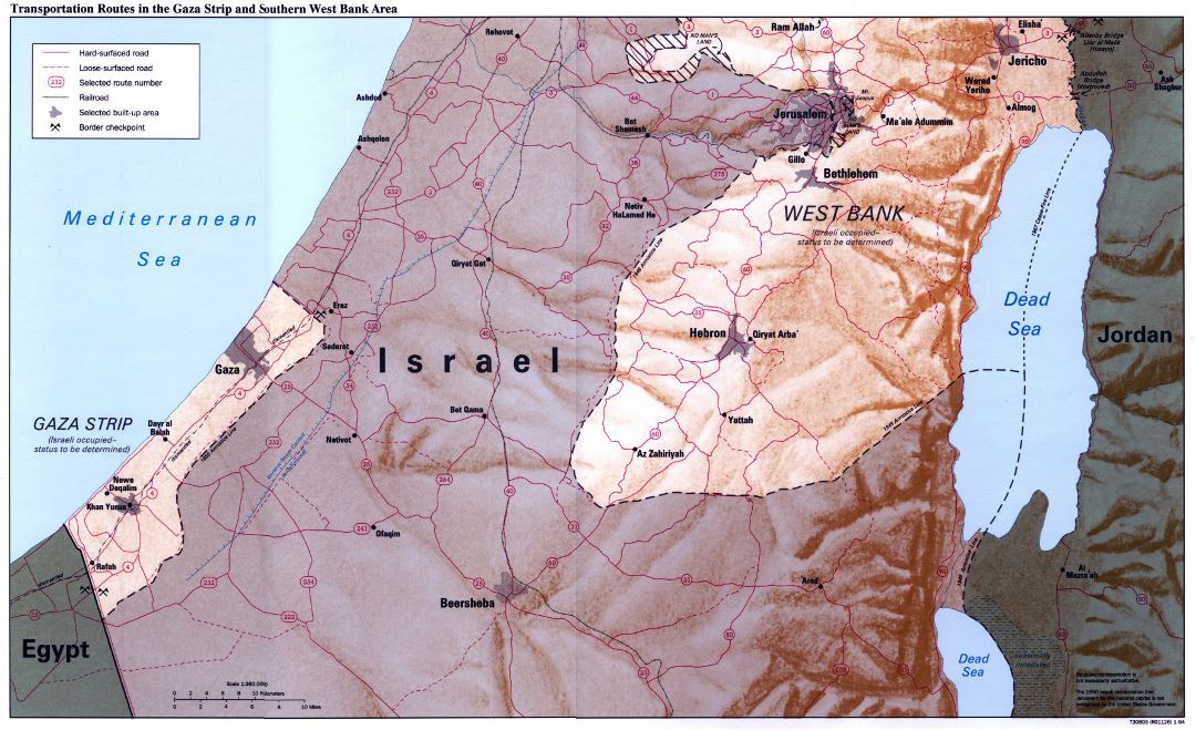 Большая карта транспортных маршрутов в секторе Газа и южной части Западного берега с рельефом - 1994