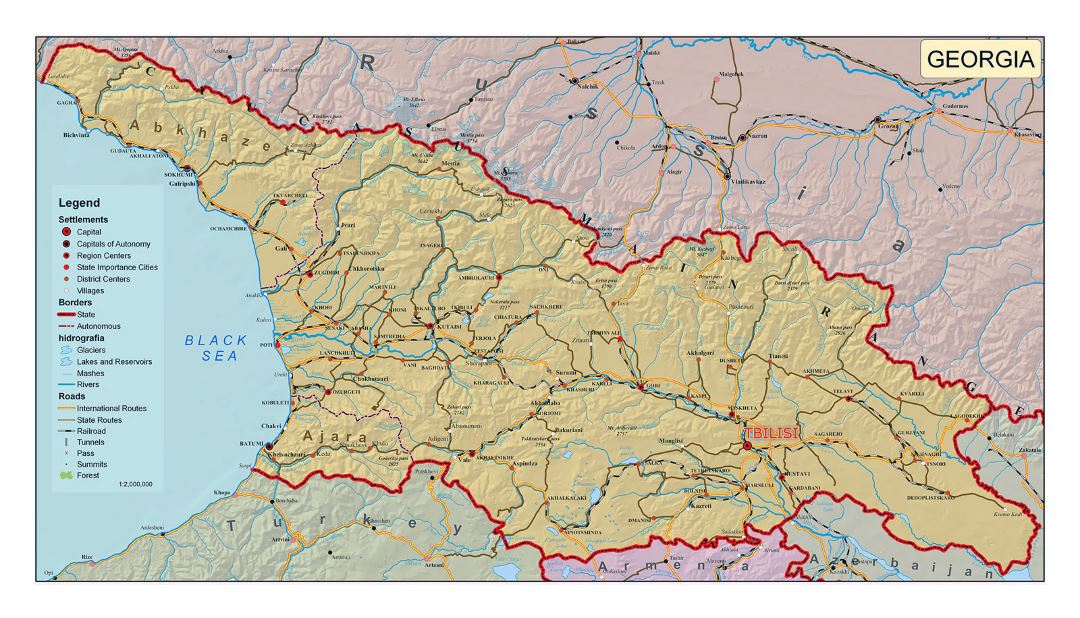 Детальная политическая карта Грузии с рельефом, дорогами, городами и другими пометками