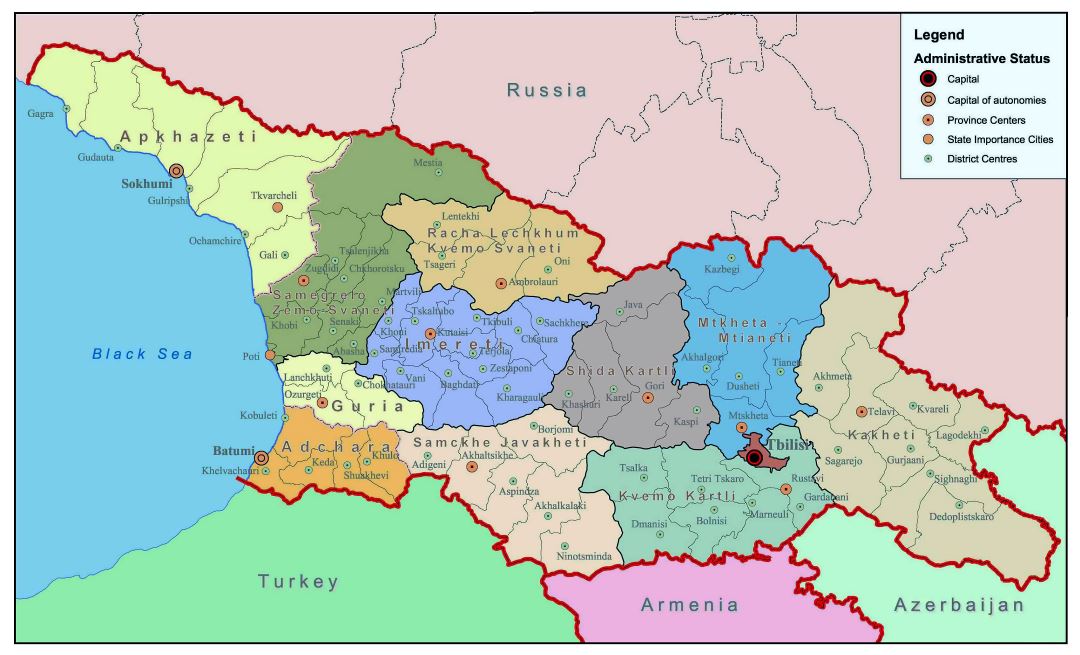 Большая детальная административная карта Грузии