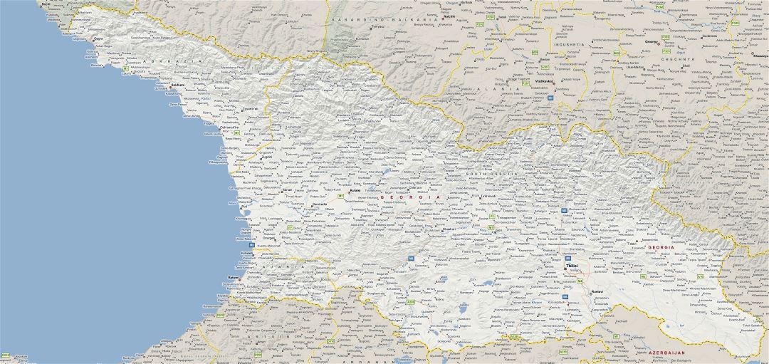 Большая карта Грузии с рельефом, дорогами и городами