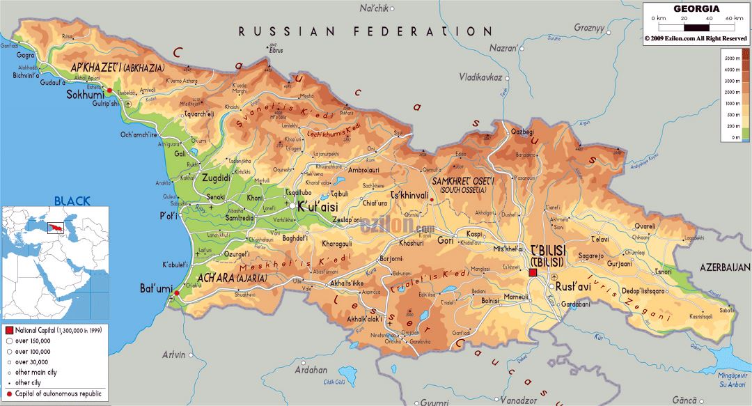 Большая физическая карта Грузии с дорогами, городами и аэропортами