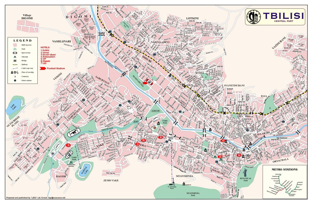 Большая детальная карта центральной части города Тбилиси с названиями улиц