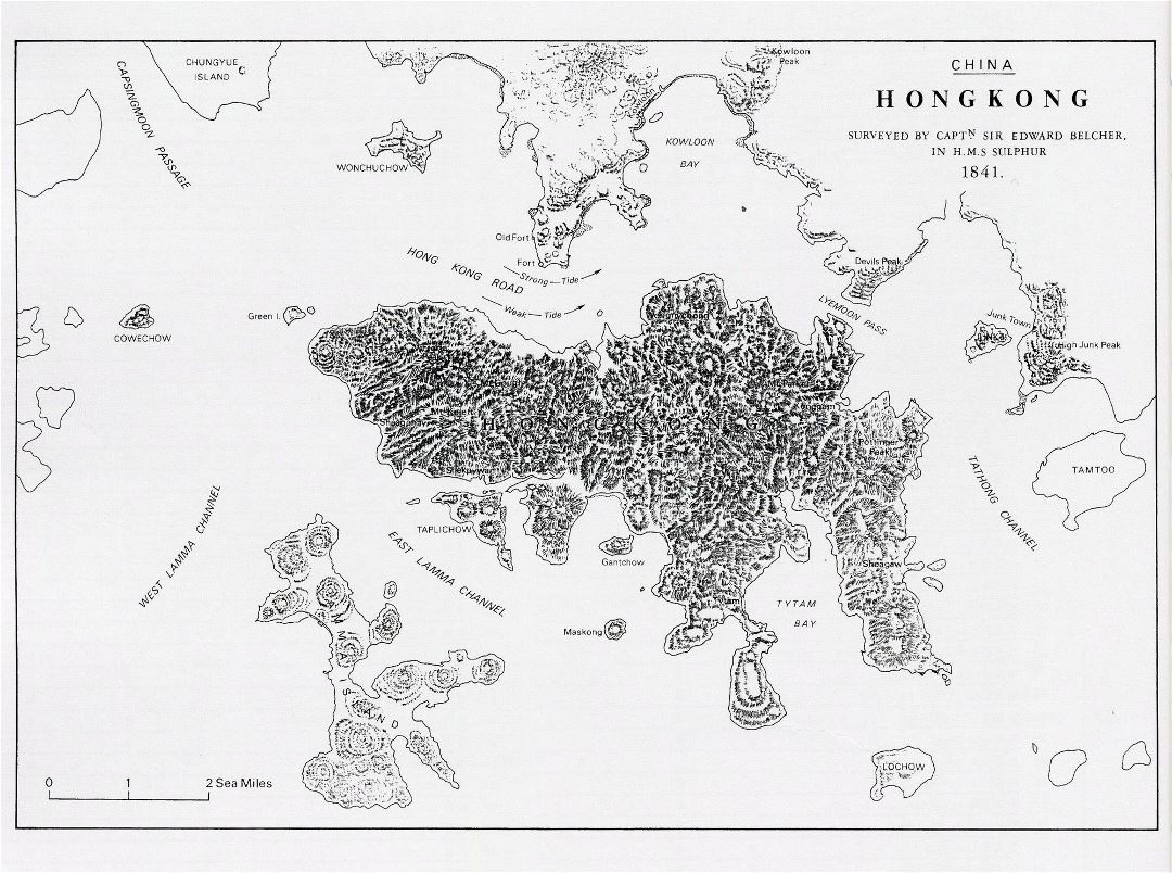 Детальная старая карта острова Гонконг с рельефом - 1841