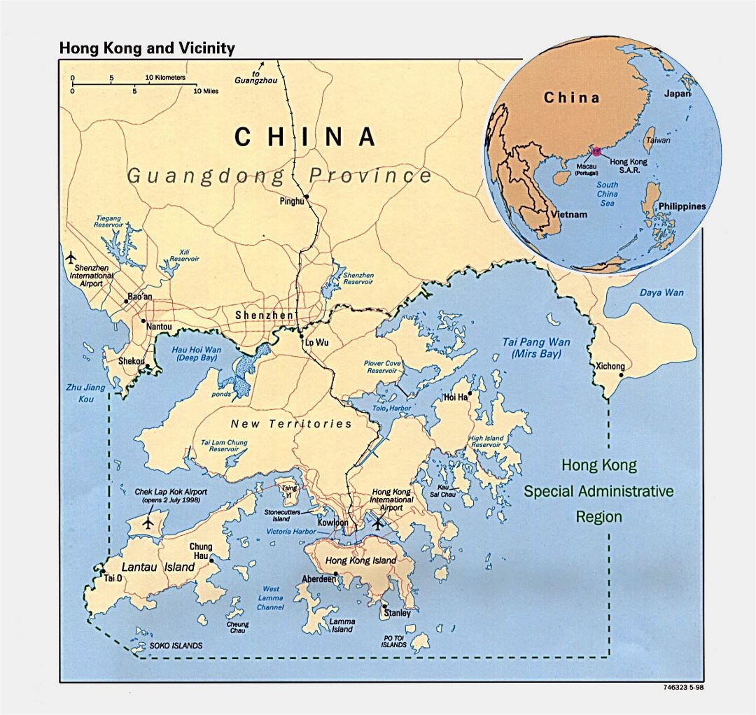 Детальная политическая карта Гонконга - 1998