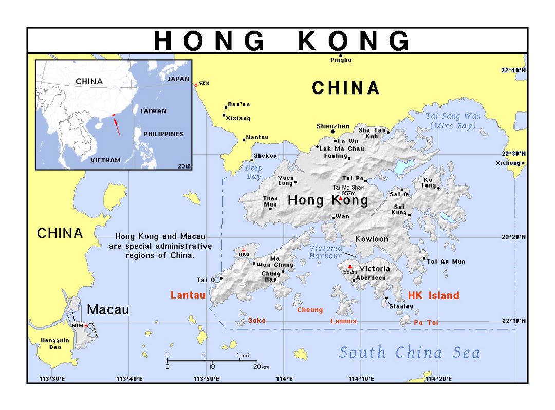 Детальная политическая карта Гонконга с рельефом