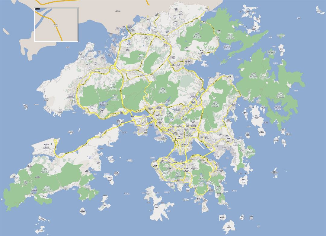 Большая детальная карта дорог Гонконга и Коулуна