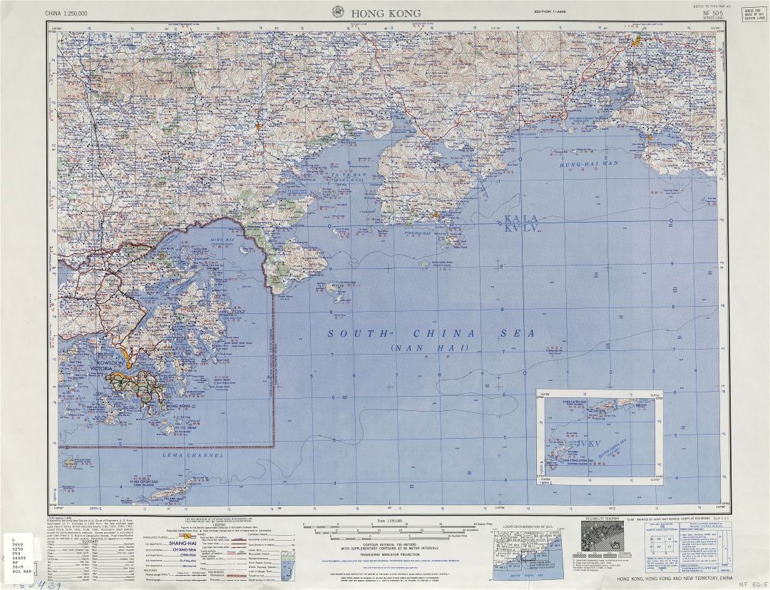 Крупномасштабная детальная топографическая карта острова Гонконг и его окрестностей