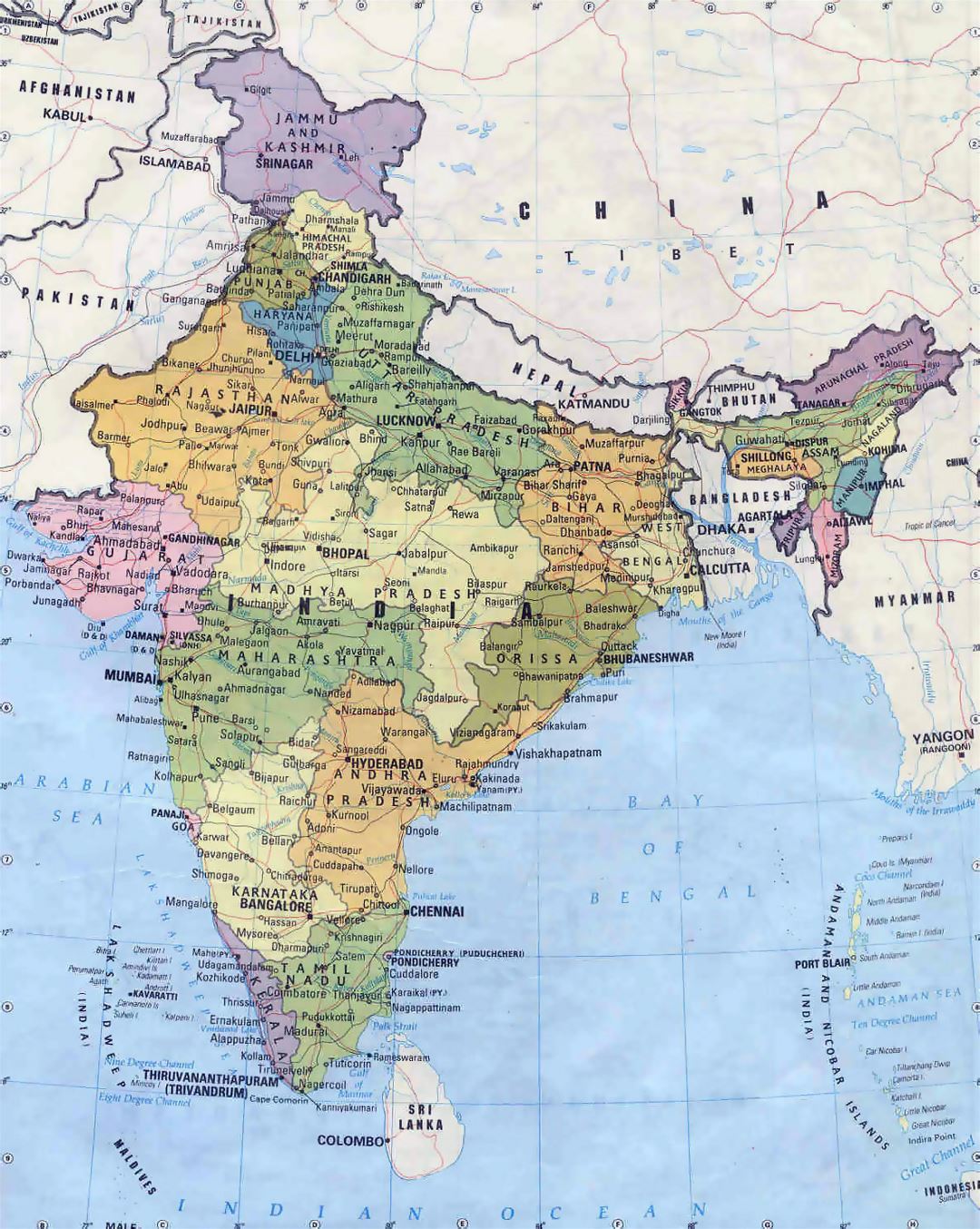 Детальная административная карта Индии с дорогами и городами