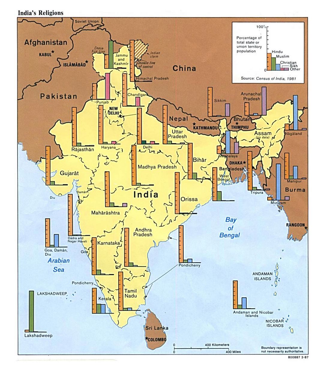 Детальная карта религий Индии - 1987
