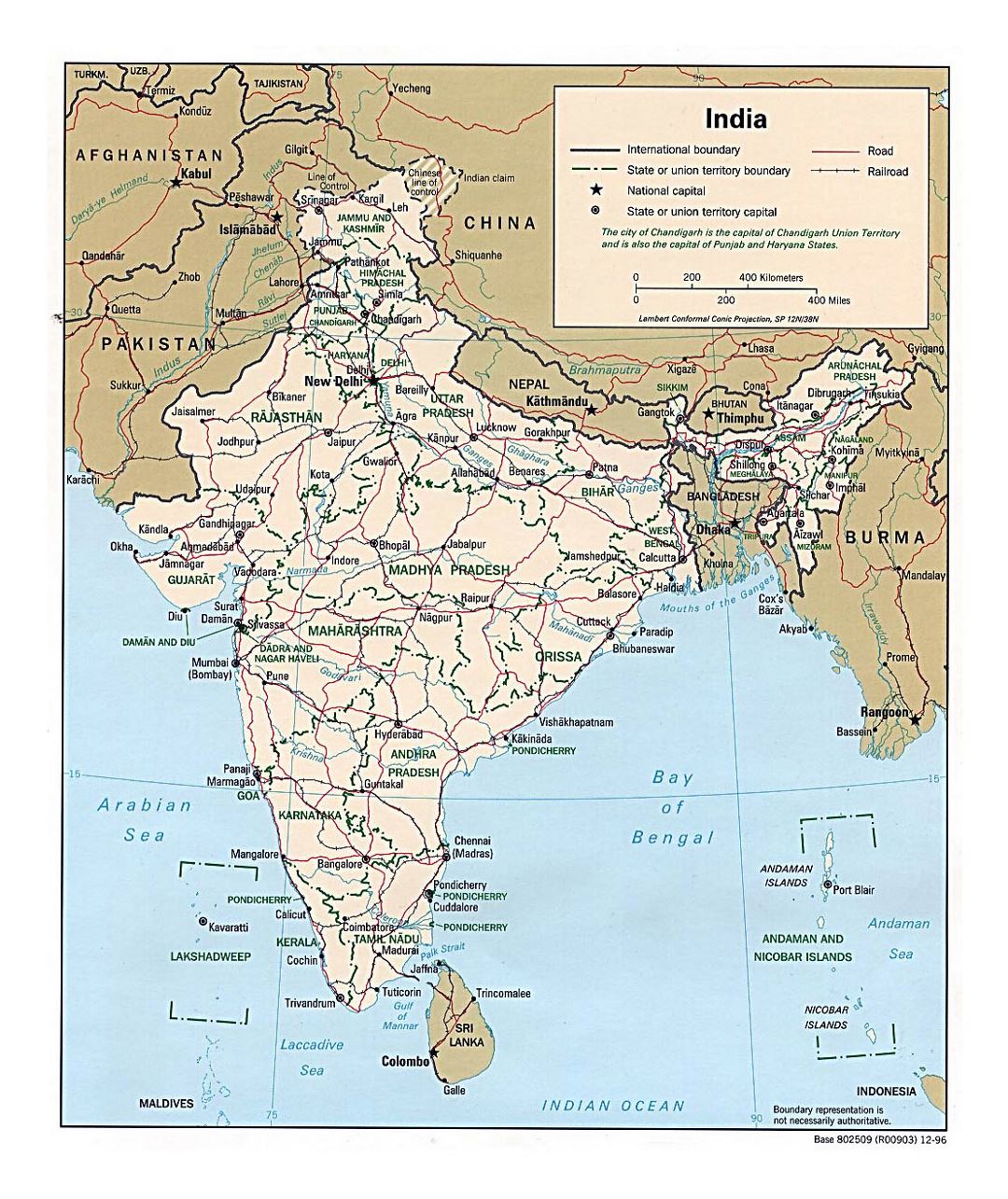 Детальная политическая и административная карта Индии с автодорогами, железными дорогами и городами - 1996
