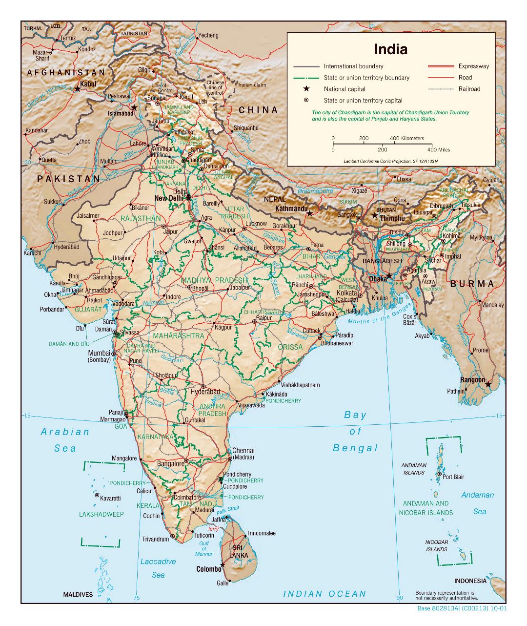 Большая детальная политическая и административная карта Индии с рельефом, дорогами, железными дорогами и крупными городами - 2001