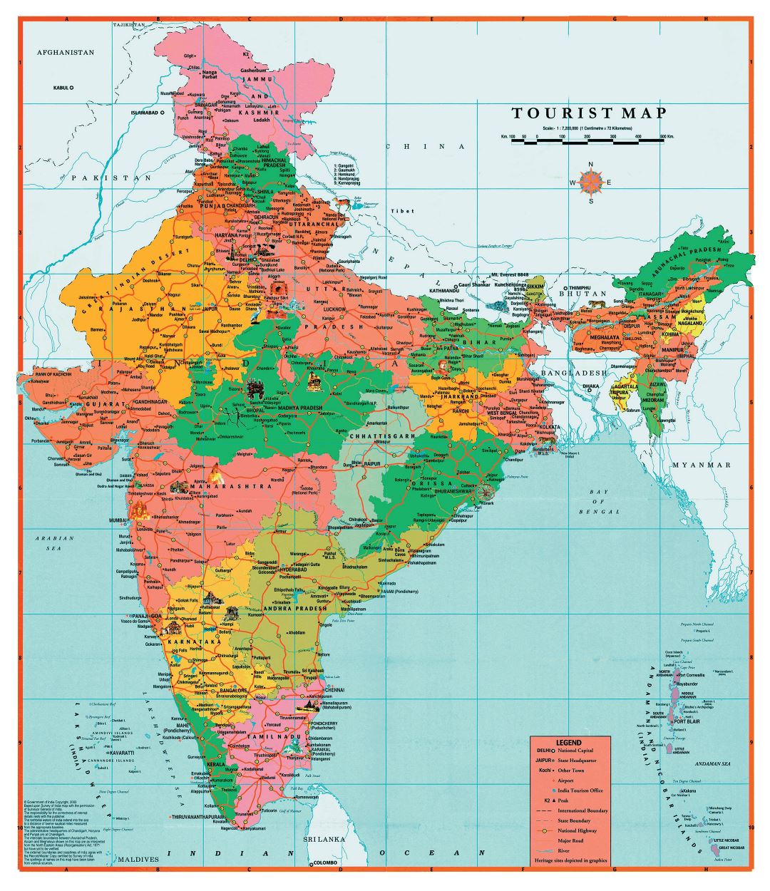 Большая детальная туристическая карта Индии