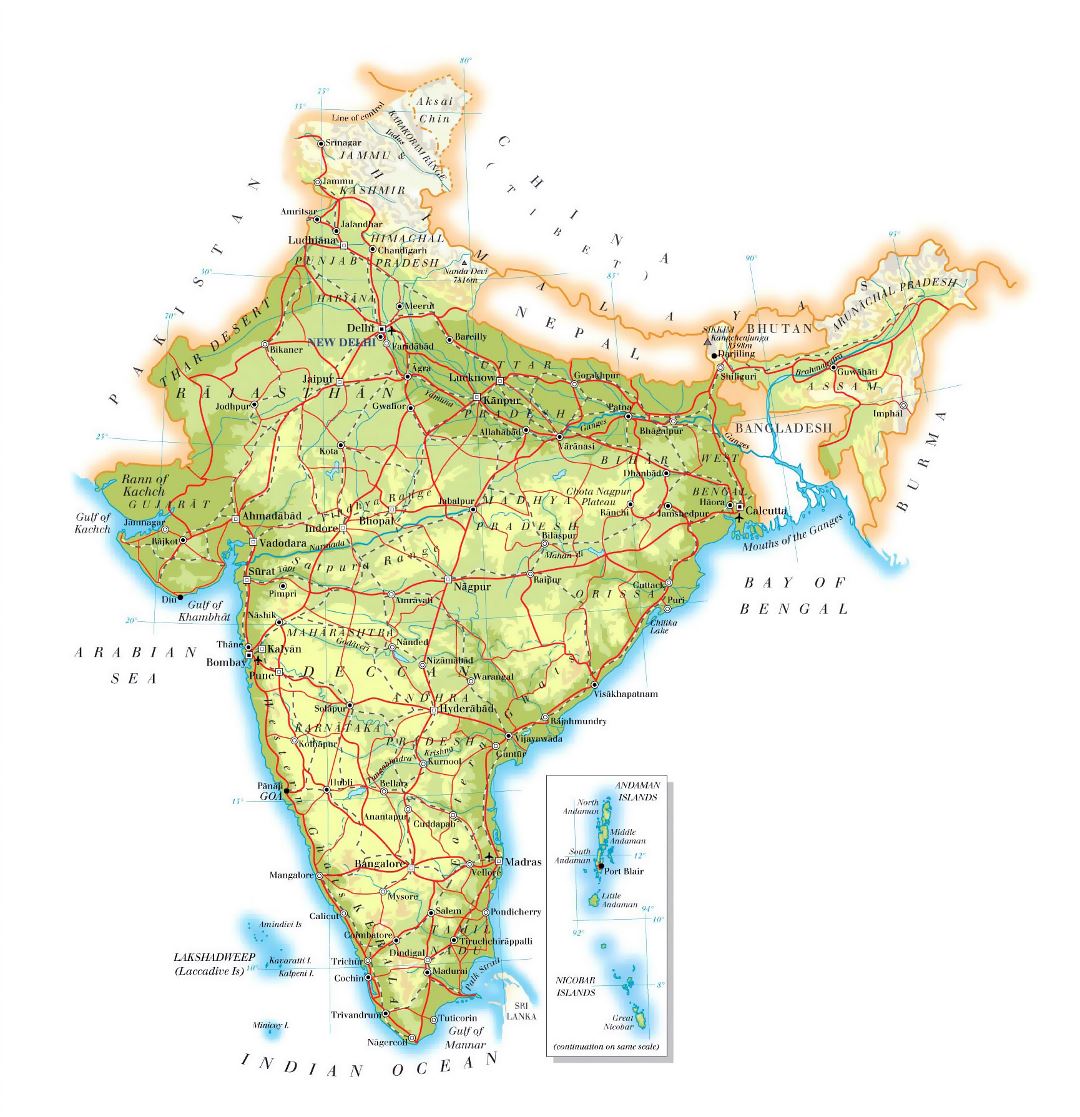 Большая карта высот Индии с дорогами, городами и аэропортами