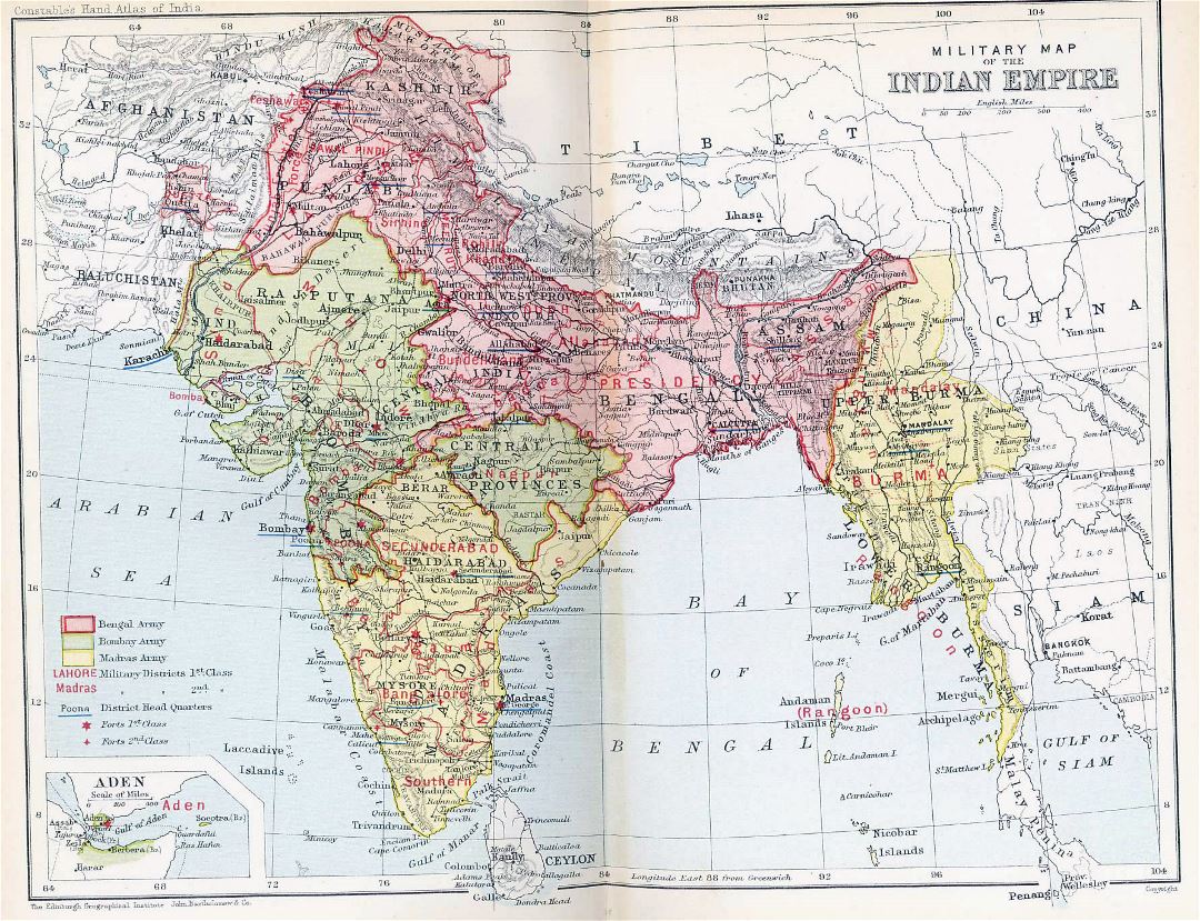 Большая старая политическая и административная карта Индии - 1893