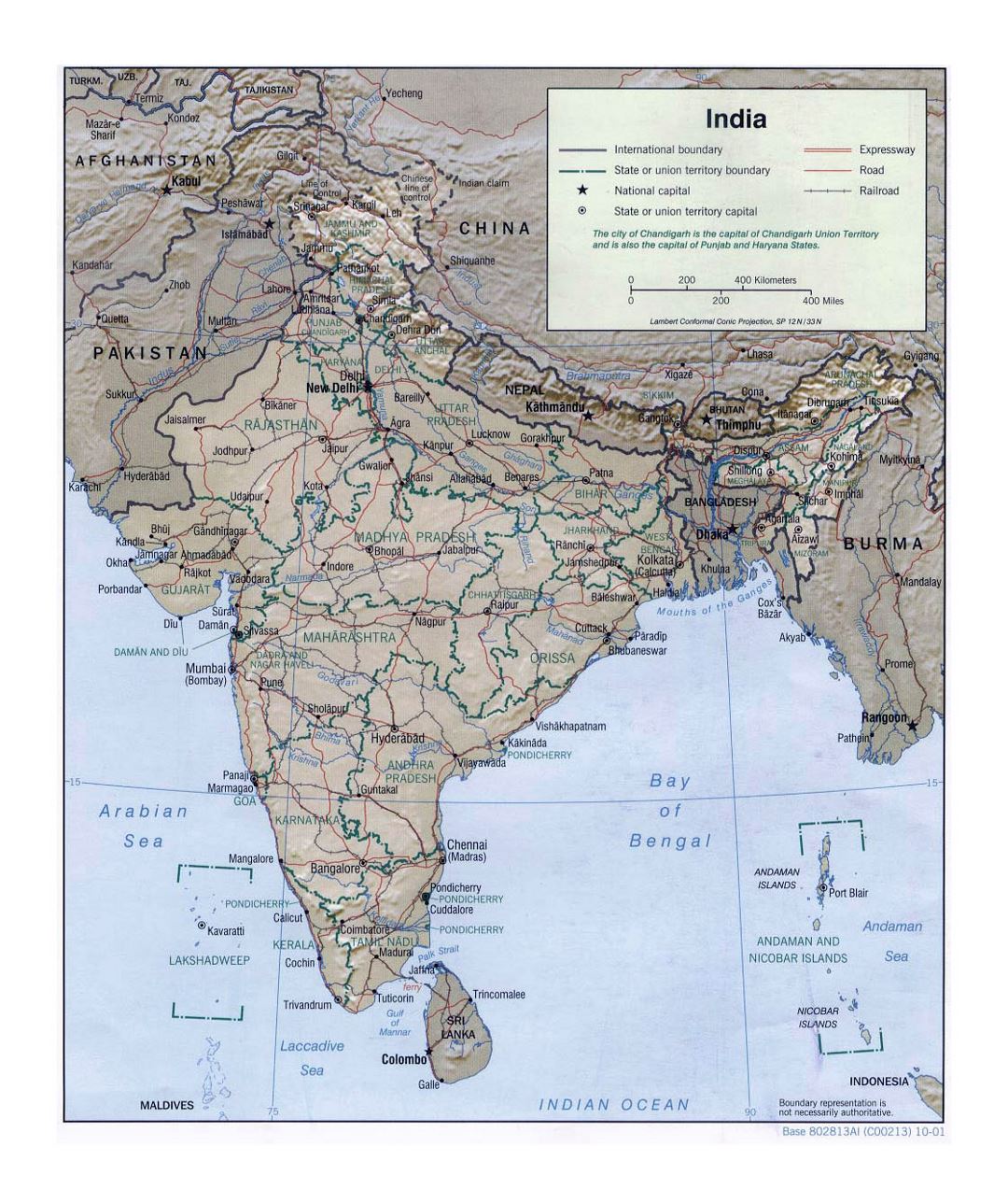 Большая политическая и административная карта Индии с рельефом, дорогами, железными дорогами и крупными городами - 2001