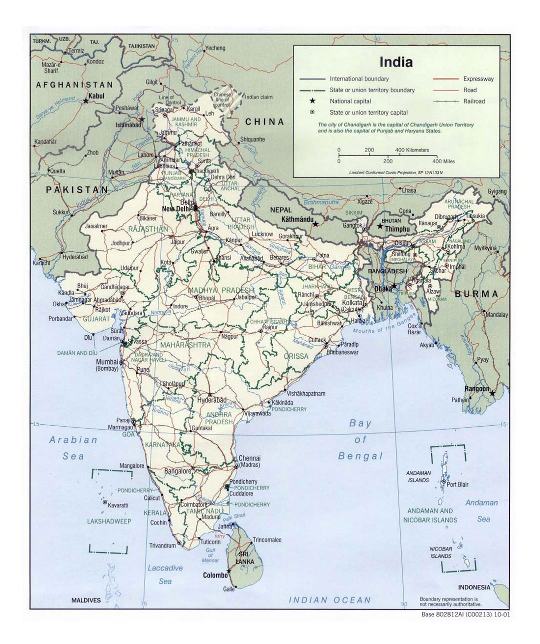 Большая политическая и административная карта Индии с дорогами, железными дорогами и крупными городами - 2001