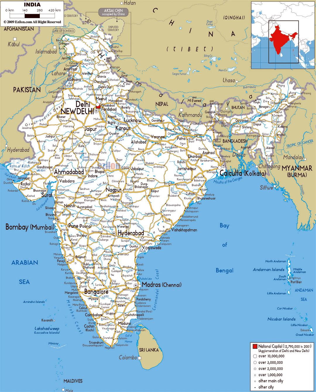 Большая карта дорог Индии с городами и аэропортами