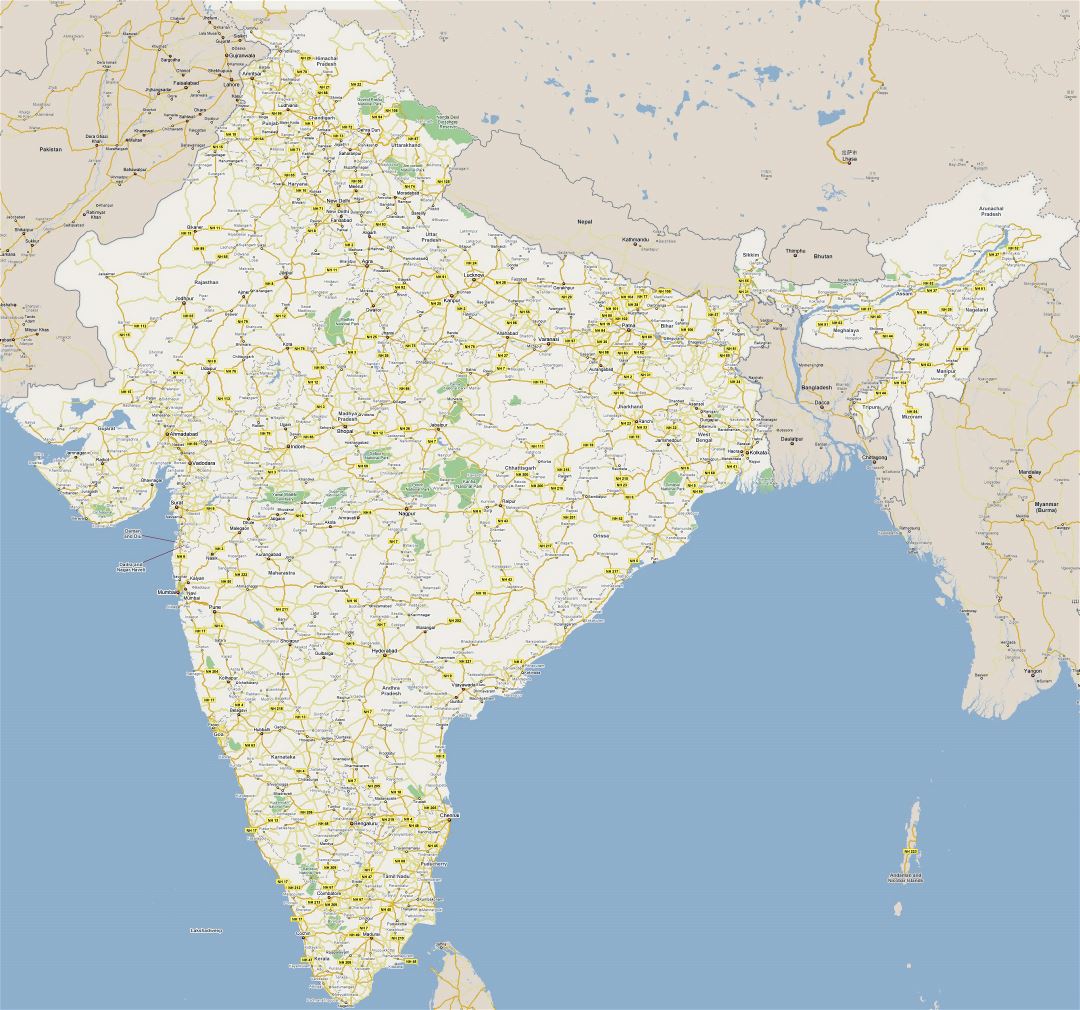 Большая карта дорог Индии с национальными парками и городами