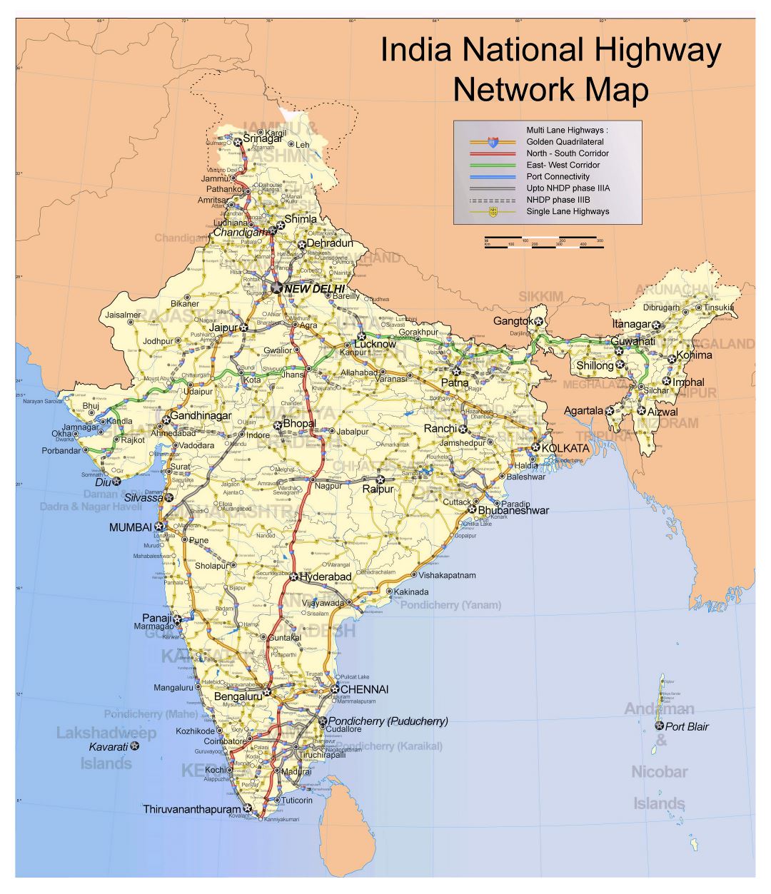 Крупномасштабная карта сети национальных магистралей Индии