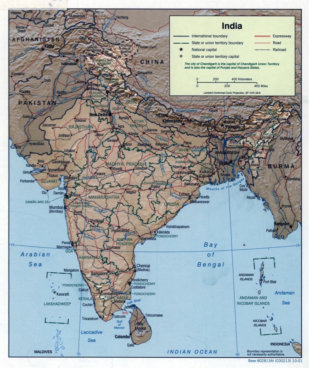Крупномасштабная политическая и административная карта Индии с рельефом, дорогами, железными дорогами и крупными городами - 2001