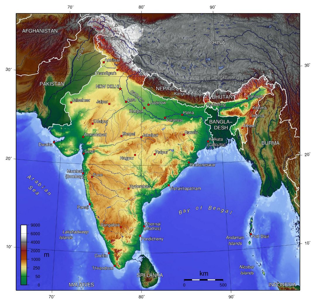 Большая топографическая карта Индии