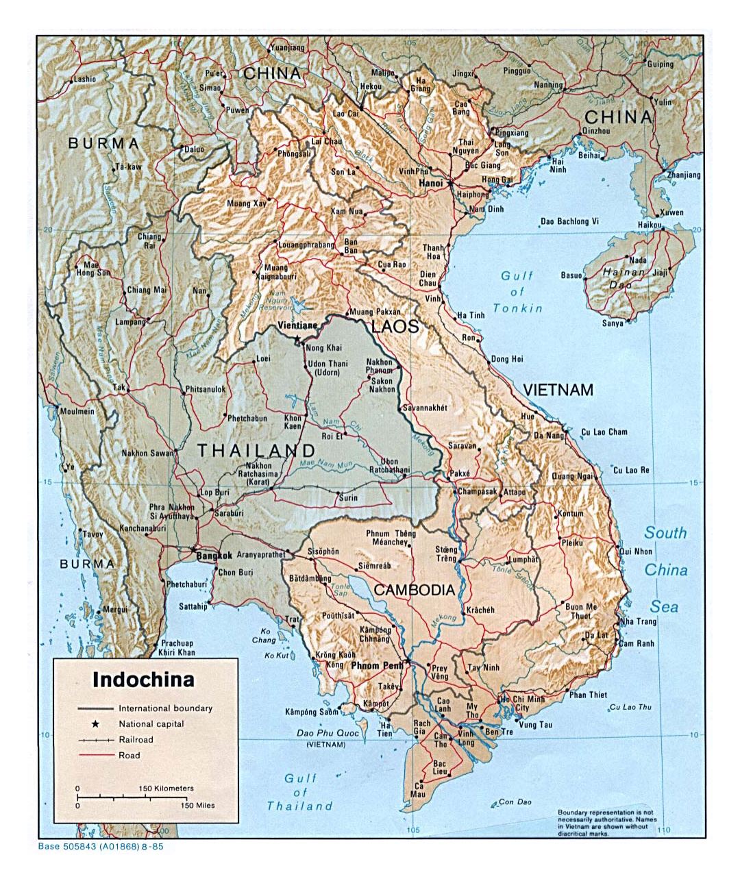 Подробная политическая карта Индокитая с рельефом, дорогами и крупными городами - 1985
