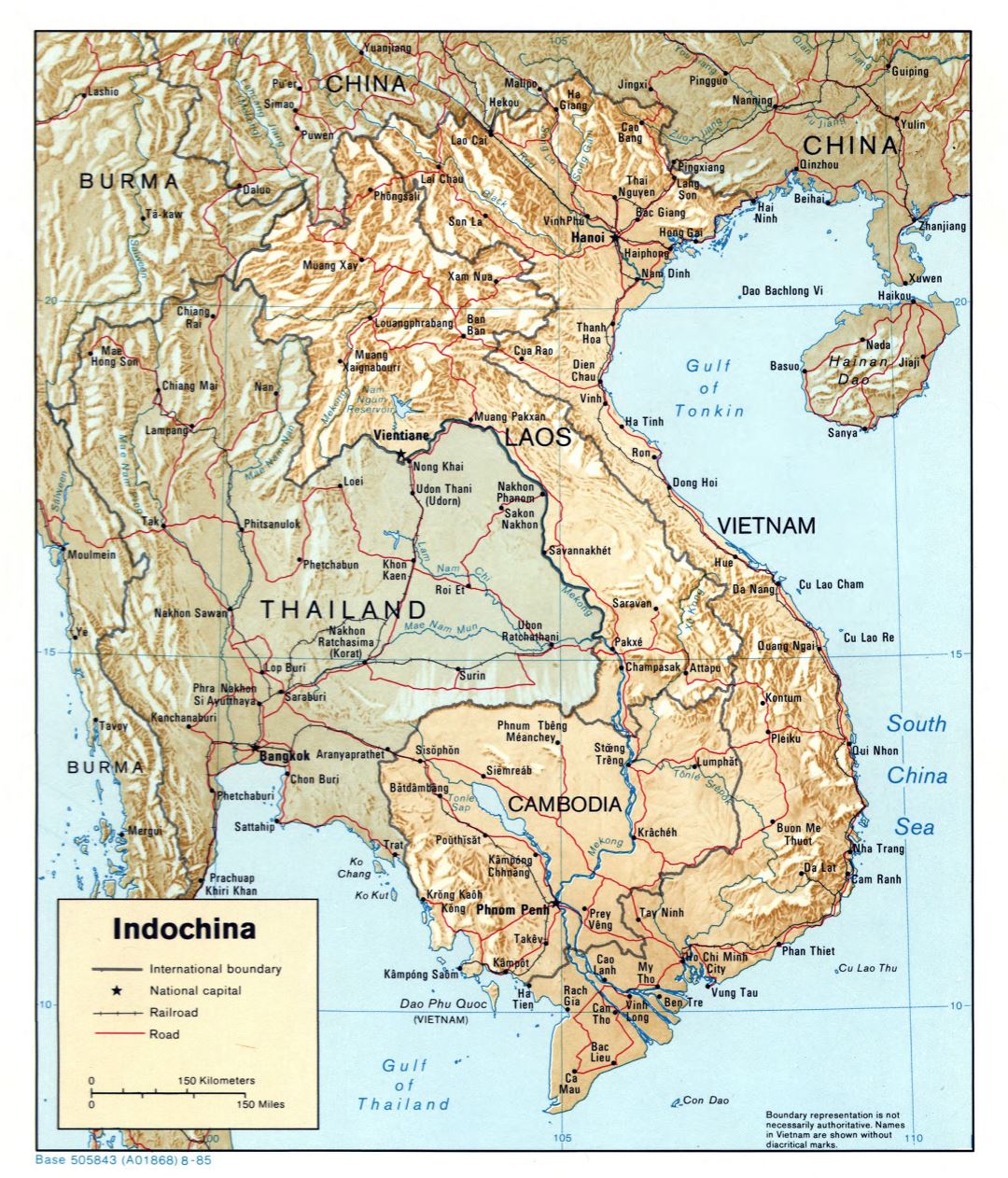 Большая подробная политическая карта Индокитая с рельефом, дорогами и крупными городами - 1985