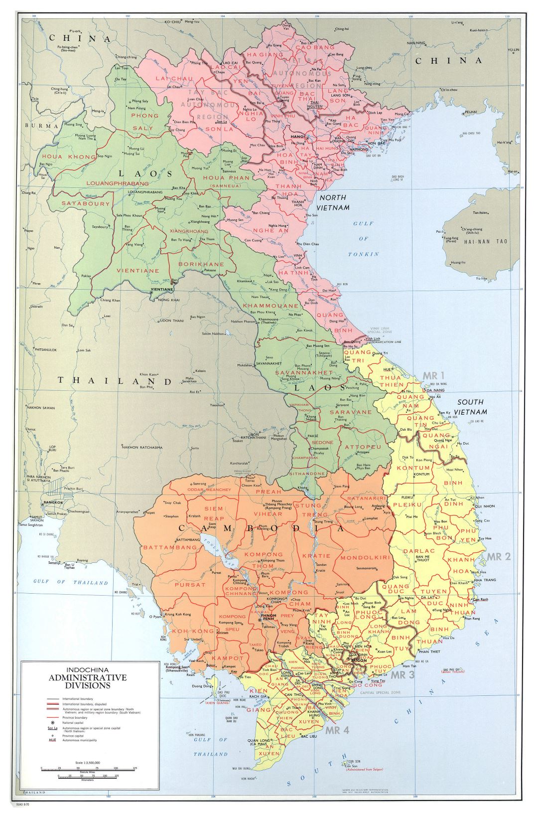 Крупномасштабная карта административного деления Индокитая - 1970